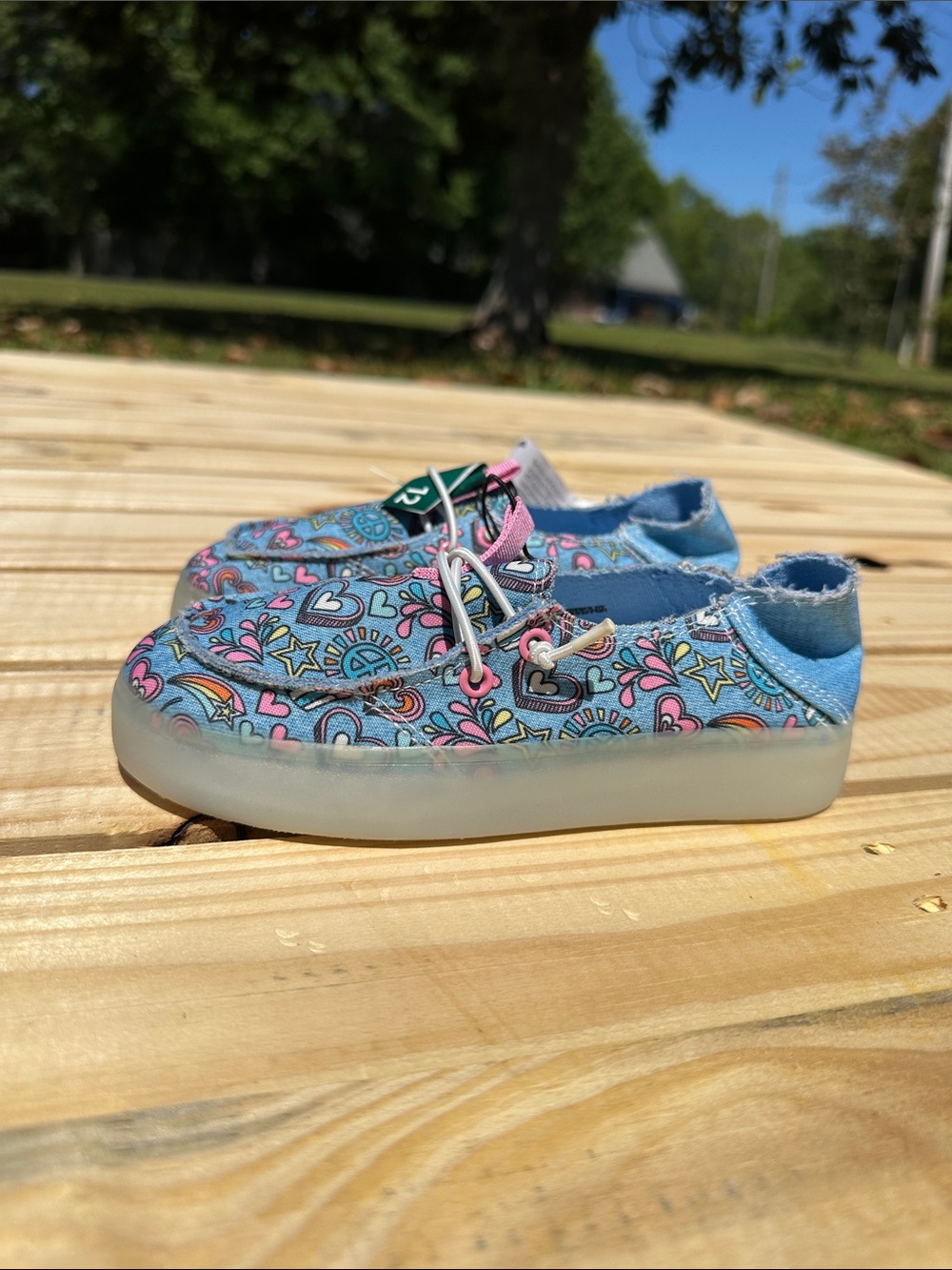 Light Blue Kids Slip-On Sneakers with Pink & Multicolor Heart,Rainbow,Star Print